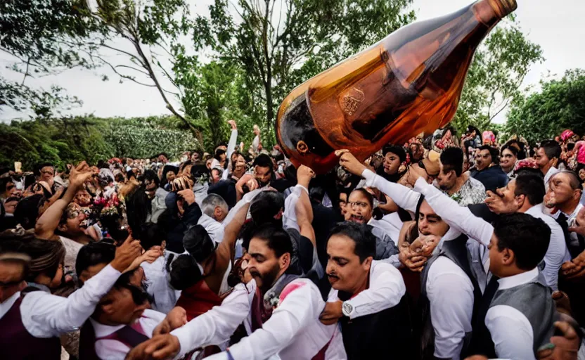 Image similar to a crowd of mexicans dancing around a giant tequila bottle in a wedding,