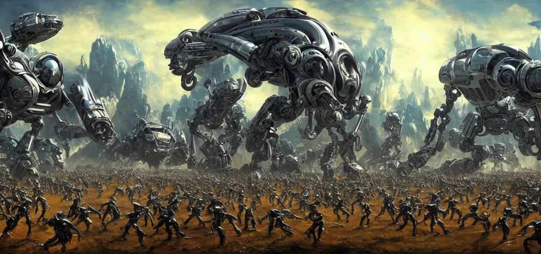 Image similar to epic army of chrome robots battle creatures on alien planet, landscape, alex ross, neal adams, david finch, war, concept art, matte painting, highly detailed, rule of thirds, dynamic lighting, cinematic, detailed, denoised, centerd