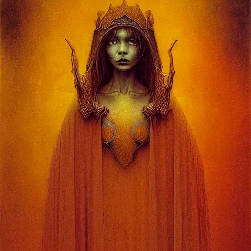 Image similar to portrait of ethereal young vampire princess in golden armour by Beksinski