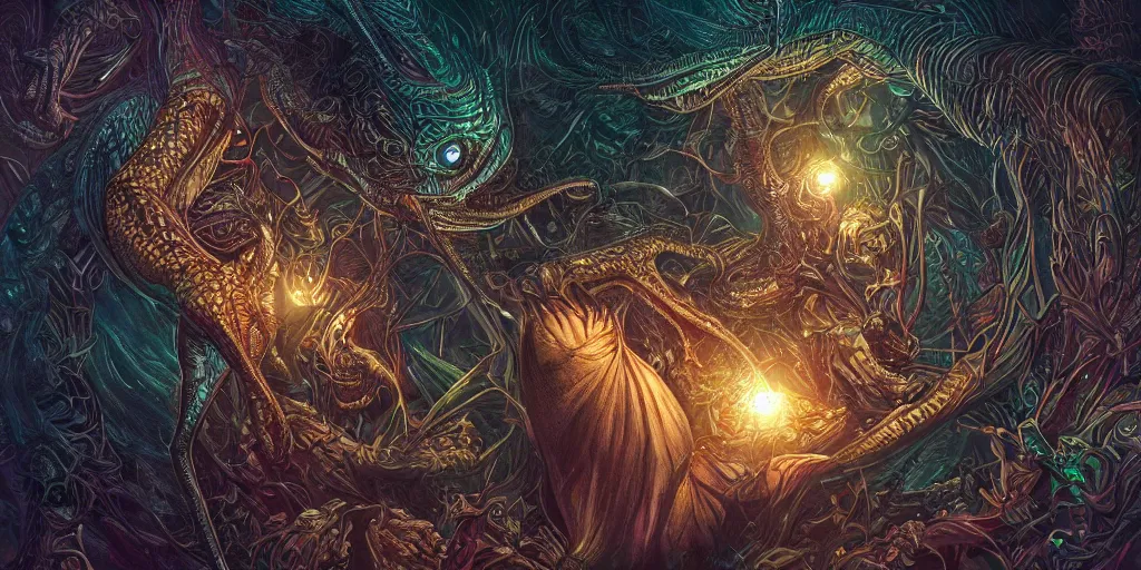 Image similar to interdimensional reptilian overlords plotting humanity's demise, intricate, highly detailed, beautiful lighting, in the style of artgerm, 8k