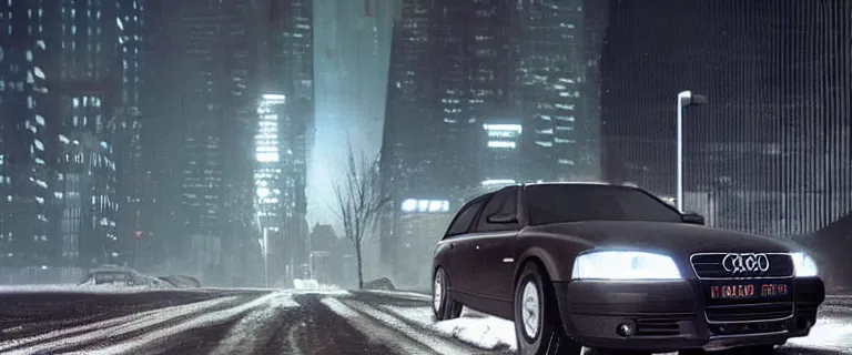 Prompt: Audi A4 B6 Avant (2002), a gritty neo-noir, simon stalenhag, Max Payne (PC) (2001) winter new york at night, dramatic bright lighting, cinematic, establishing shot, extremely high detail, photorealistic, cinematic lighting, artstation, by simon stalenhag, dark night, bright lights, eldritch horror, dark blue filter