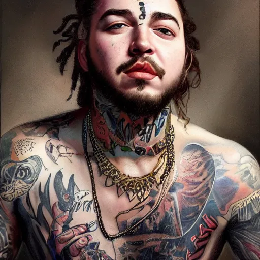 Image similar to epic portrait of post malone with face tattoos, detailed, digital painting, artstation, concept art, donato giancola, joseph christian leyendecker, wlop, boris vallejo, breathtaking, high details, extremely detailed, establishing shot, artistic, hyper realistic, octane render