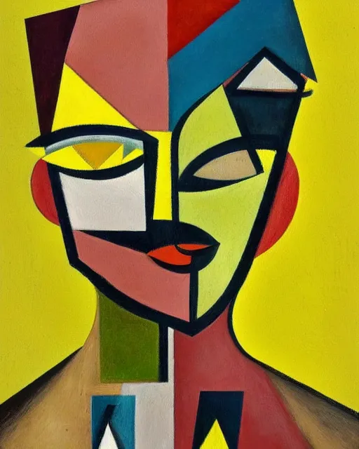 Prompt: a painting of a man's face on a yellow background, a cubist painting by liubov popova, behance, cubism, cubism, picasso, constructivism