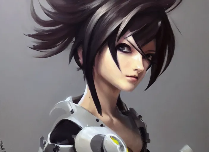 Image similar to a highly detailed beautiful portrait of tracer from overwatch as 2 b nier automata, by gregory manchess, james gurney, james jean