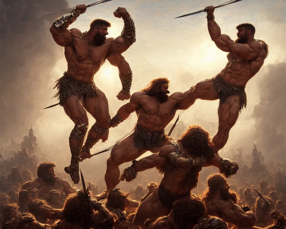 Prompt: many gladiators dueling, muscular upper body, ultra realistic illustration, a hulking herculean gigachad, wearing damaged armor, long beard, intricate, highly detailed, digital painting, artstation, radiant light, caustics, war hero, concept art, smooth, sharp focus, by gaston bussiere, bayard wu, maxim verehin,