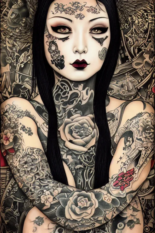 Prompt: portrait of goth yakuza girl with tattoo, highly detailed, artstation, illustration, art by Gustav Klimt