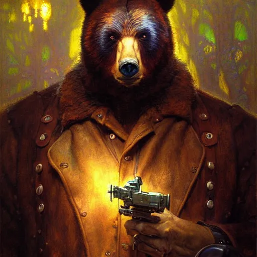 Prompt: portrait of a bear bearman as a police detective. shadowrun furaffiniy cyberpunk fantasy highly detailed painting by gaston bussiere craig mullins jc leyendecker gustav klimt artgerm greg rutkowski john berkey, bergey, craig mullins, ruan jia, raymond swanland, jeremy mann, tom lovell, alex malveda