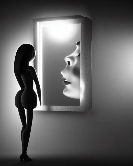 Prompt: black and white high quality photo of a female AI-doll looking into a sci-fi mirror, volumetric lighting, brutalism, foggy, dreamy, hyperdetailed, bokeh, photorealistic, cinematic, masterpiece, elegant, dark, by Man Ray in the style of Horst P. Horst, octane render, 8K,