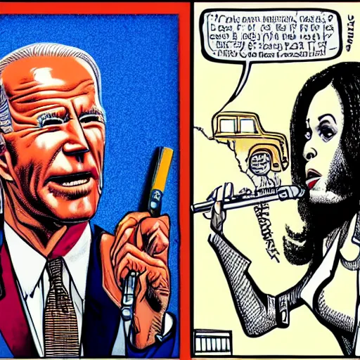 Image similar to The Artwork of R. Crumb and his Cheap Suit - Joe Biden and Kamala Harris, pencil and colored marker artwork, trailer-trash lifestyle