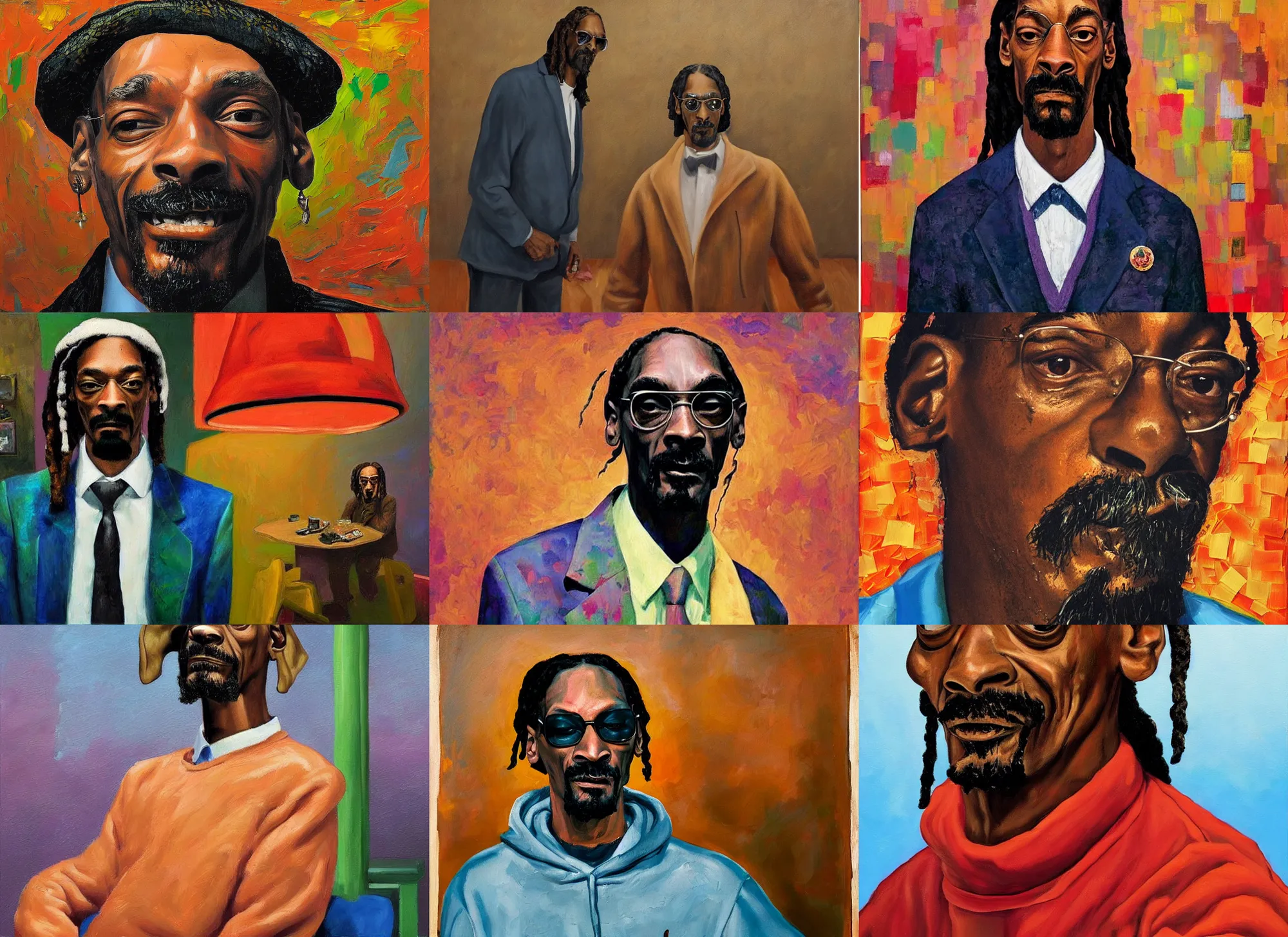 Prompt: a full impasto portrait of snoop dogg in the aesthetic of shaun tan and edward hopper,