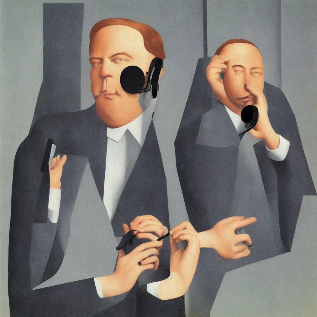 Image similar to i, a man wearing headphone and playing his iphone, by rene magritte