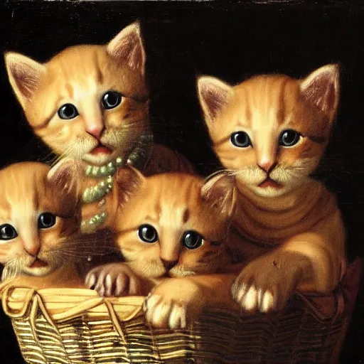 Prompt: renaissance portrait of a basket of kittens