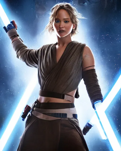 Image similar to jennifer lawrence as a jedi with ripped and damaged clothes holding a single lightsaber, blue coloured, in her hands, very dark background, official new star wars episode xi movie poster from lucas arts, perfect symmetrical face, moody lighting, 8 k, shallow depth of field, intricate detail,