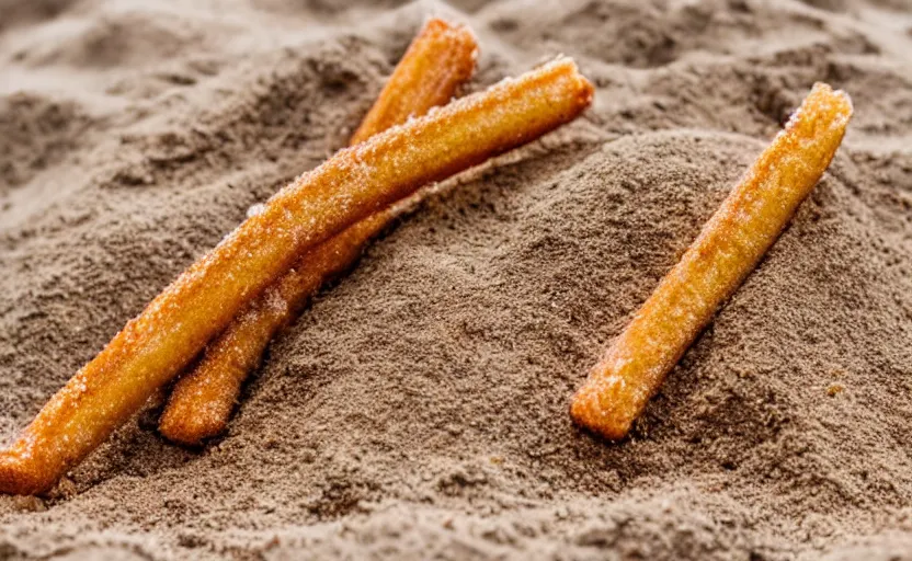 Prompt: a delicious churro, in sand, food photography