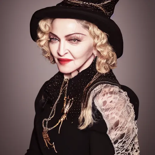 Image similar to madonna as old lady witch, high resolution, smooth, fine details, 4 k, aesthetic lighting, baroque content, sharp focus, justify content center, hyperdetailed content, professional photography, sharp focus, wet, pullitzer winning, by karah mew and adnan abidi and jodie bateman, rgb color, delete duplicate content