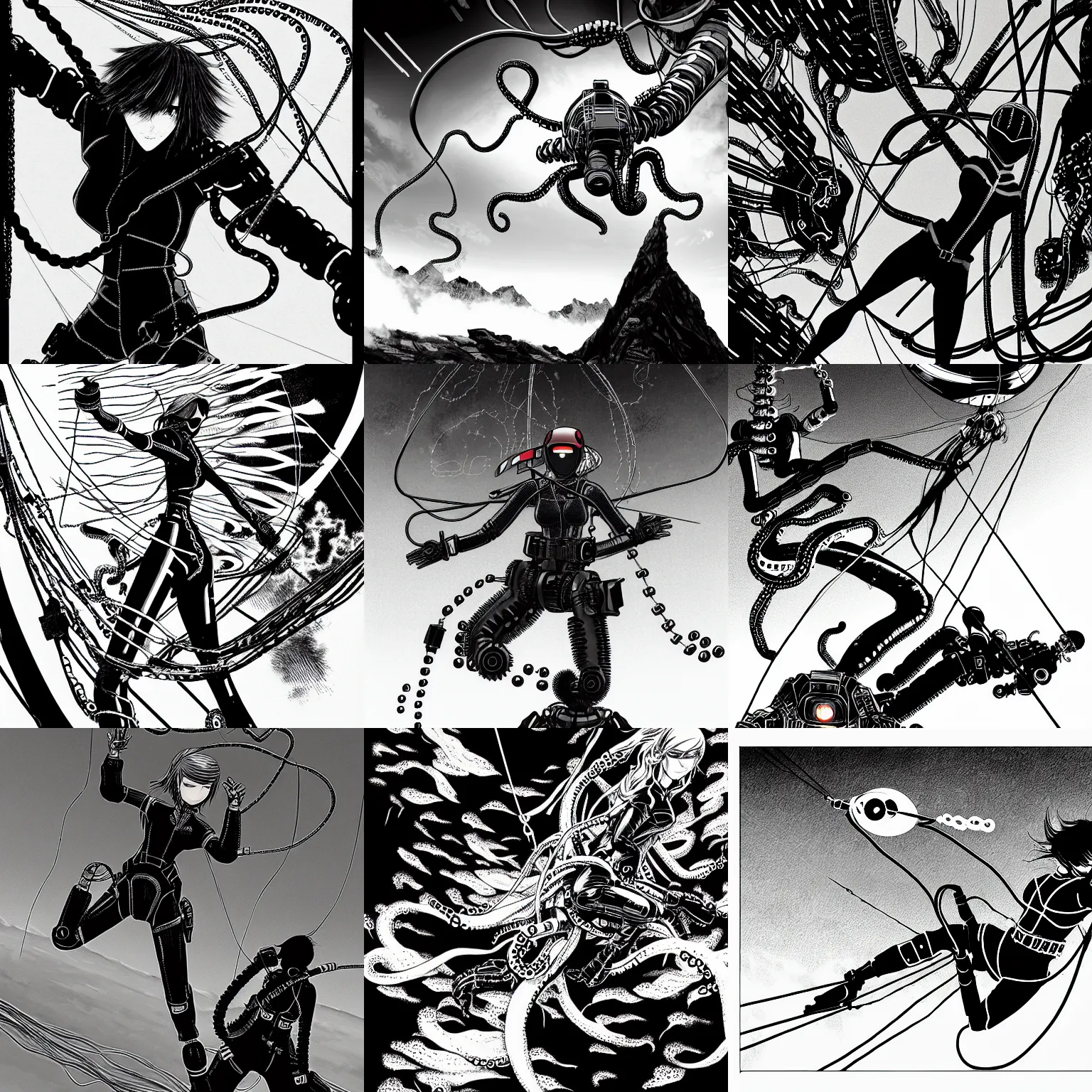 Prompt: black widow flies with a parachute from everest and fires pistols at robots with tentacles, by tsutomu nihei, black and white, wires clouds background