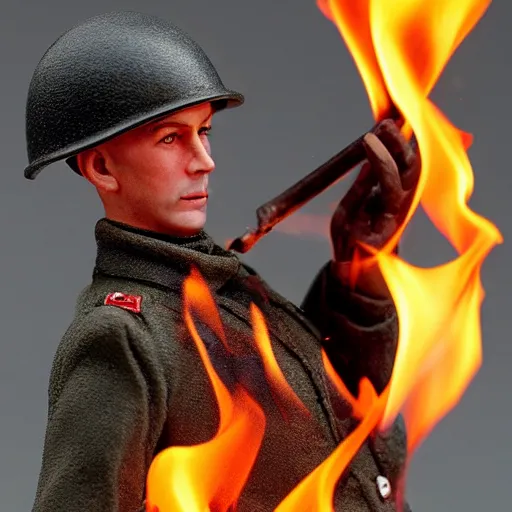 Image similar to 1/35 scale figurine of german ww2 soldier set on fire, burning plastic, scale model photography, 8k, hyper realistic