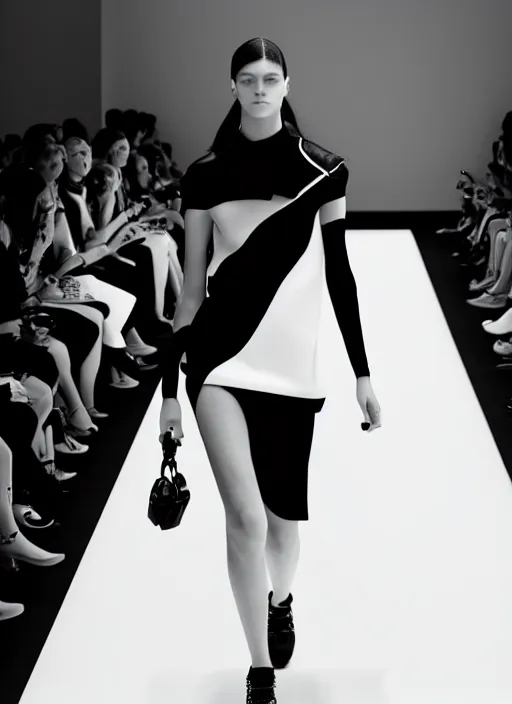 Prompt: still photo of balenciaga fashion show cat walk, black and white color aesthetic, highly detailed, photorealistic portrait, bright studio setting, studio lighting, crisp quality and light reflections, unreal engine 5 quality render