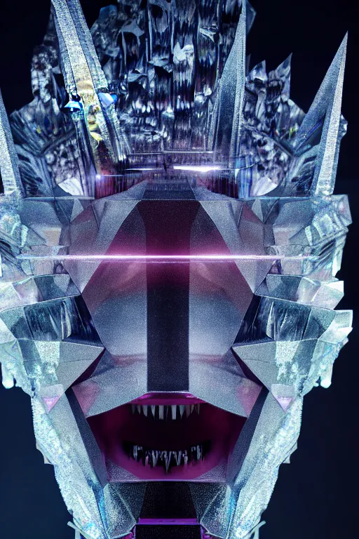 Image similar to hyperrealism, dreamland of chinese, ghost, sharp, slender and densely arranged teeth, futuristic, art deco, expressive, dystopian, cyberpunk, mecha, halfturn portrait of a big crystal face made of crystals half - turn, ominous, intricate, oc rendered, concept art, 4 k, sharp focus