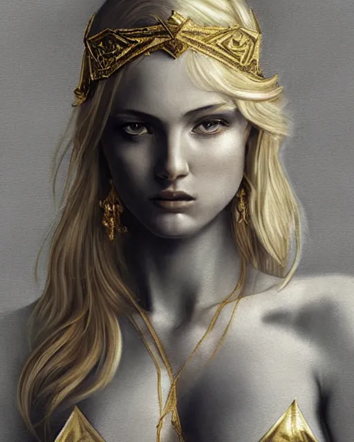 Image similar to tattoo sketch of blonde super model aphrodite greek goddess wearing a gold laurel wreath and triangle earrings, beautiful piercing gaze with sharp pupils, in the style of greg rutkowski, fantasy, amazing detail, epic, elegant, smooth, sharp focus, front view