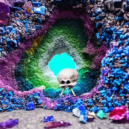 Image similar to photorealistic tiny dinosaur skeleton inside a geode of colored crystals