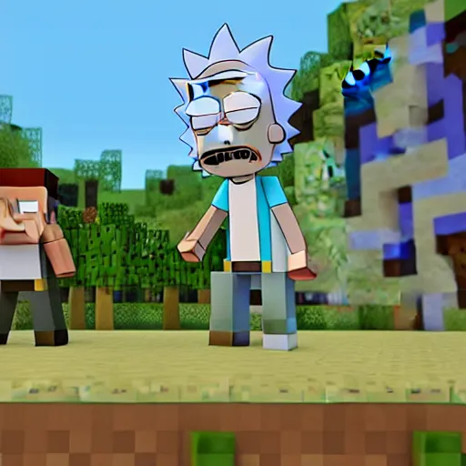 Prompt: Rick and Morty in minecraft, minecraft mods, game poster, trailer, RTX on, minecraft RTX