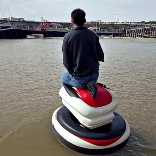 Prompt: man riding a levitating hovercraft