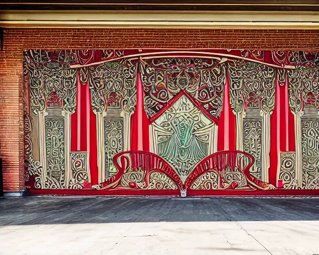 Image similar to photo of an outdoor mural of an opera house from the early 1 9 0 0 s in the style of art nouveau, red curtains, art nouveau design elements, art nouveau ornament, opera house architectural elements, painted on a brick wall, outdoor mural, mucha, masonic symbols, masonic lodge