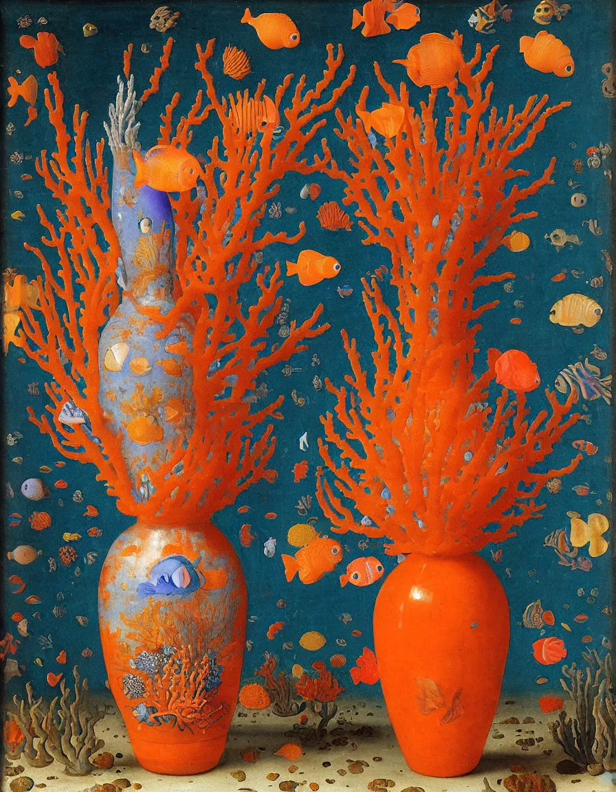 Image similar to bottle vase of coral under the sea decorated with a dense field of stylized scrolls that have opaque outlines enclosing mottled blue washes, with orange shells and purple fishes, ambrosius bosschaert the elder, oil on canvas, around the edges there are no objects