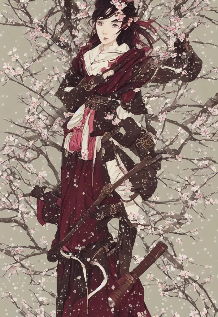 Image similar to portrait of steampunk girl samurai with swords combat pose in snow forest sakura cherry blossom swan hakama kimono trending on artstation takato yamamoto krenz cushart