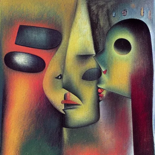 Image similar to Oil painting by Roberto Matta. Strange mechanical beings kissing. Close-up portrait by Lisa Yuskavage. Paul Klee.