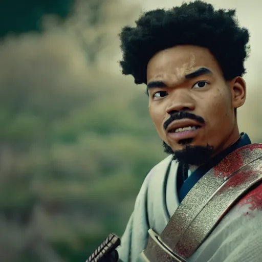 Image similar to cinematic film still of Chance The Rapper starring as a Samurai holding fire, Japanese CGI, VFX, 2022, 40mm lens, shallow depth of field, film photography