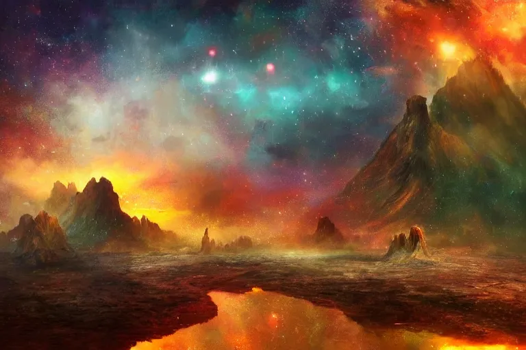 Prompt: digital painting of a vivid surreal landscape, hyper realistic, detailed, ruan jia, wlop, sha xi, fantasy, hyper detailed, sharp focus, snining stars, galaxies, sunset, golden hour, octane render, trippy, ornaments, artstation, marie - gabrielle capet style, serene, peaceful, lagoon, fireflies, comets, pastel colors