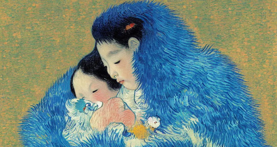 Prompt: A digital painting of a Japanese baby girl hold a blue furry bird, full of love and peace, storm outside the window, art by Vincent van Gogh and Gustav Klimt