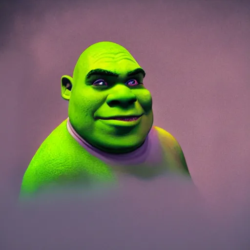 Image similar to shrek as the villain in horror movie, still, photorealism, mist, fog, award wnning lighting photograph