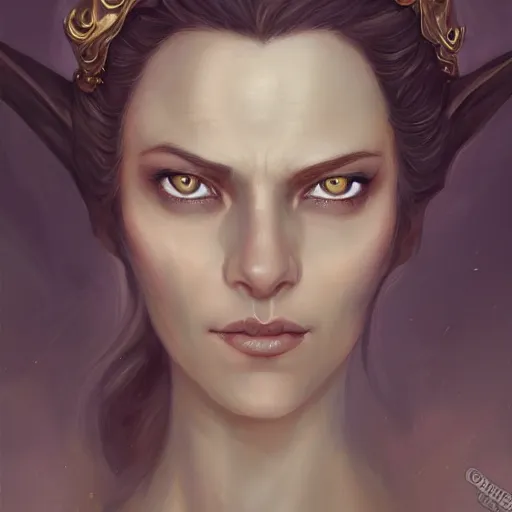 Image similar to a detailed matte head - on portrait painting of an middle - aged half - tiefling noblewoman with golden eyes and short well kept hair, by charlie bowater, lise deharme, wlop, tending on arstation, dungeons and dragon, dnd, pathfinder, fanart, oil on canvas