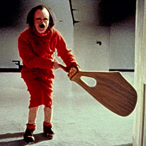 Prompt: here's johnny, breaking through the doo with an axe, in the movie the shining