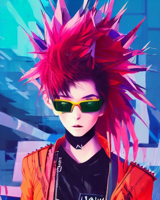 Image similar to poster woman with futuristic streetwear and spiky hair, colourful, pretty face, intricate eyes, elegant, Anime by Kuvshinov Ilya, Cushart Krentz and Gilleard James, 4k, HDR, Behance Trending on artstation, award winning