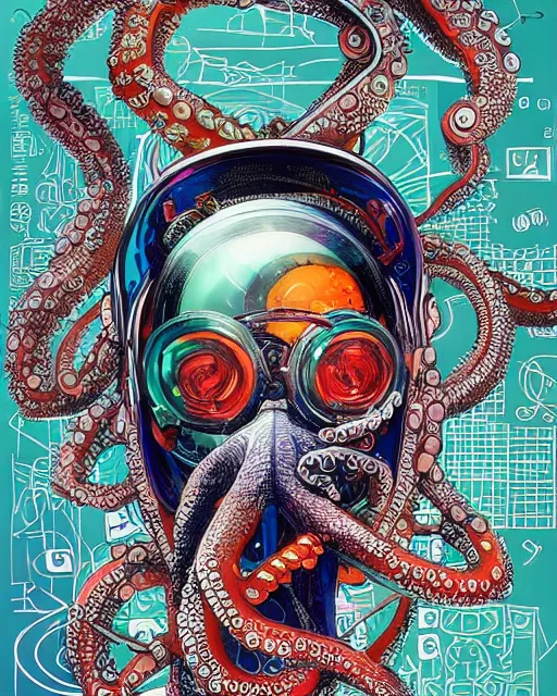 Prompt: a cyberpunk portrait of an octopus by jean - michel basquiat, by hayao miyazaki by artgerm, highly detailed, sacred geometry, mathematics, snake, geometry, cyberpunk, vibrant, water