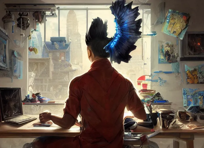 Image similar to an insanely detailed painting of an asian man wearing a homemade superhero costume, sitting at a desk, staring seriously at the computer and typing, in the style of peter mohrbacher, james jean, artgerm, dramatic lighting and composition, surreal background, octane render, pixar, trending on artstation, concept art, comic book, view from behind, 8 k