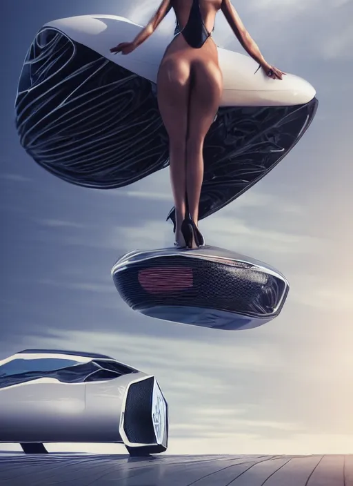 Prompt: Raypunk woman standing on top of a futuristic car, full body shot, hyperrealism, 4K HD