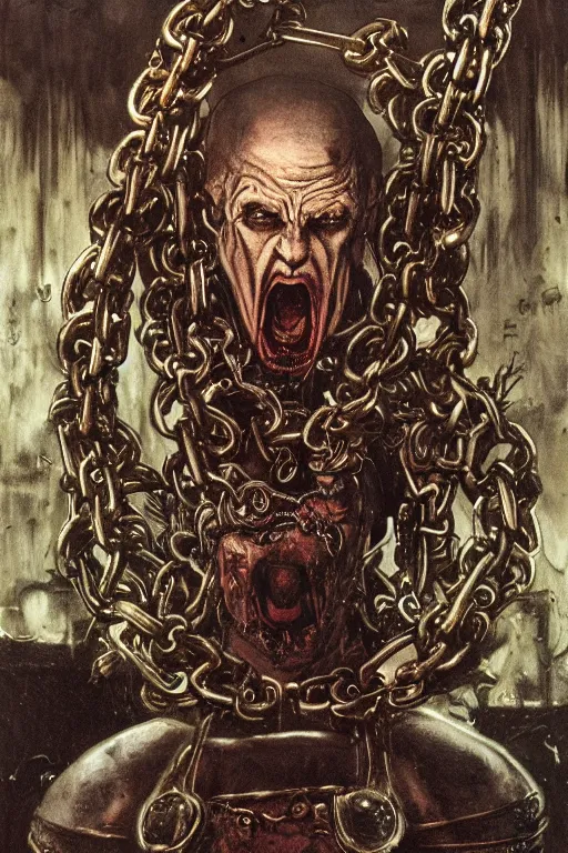 Image similar to michael gross, heavy metal magazine cover, 1 9 8 0 s, intricate leather and chains, atmospheric, realism, horror, grimy, sinister, highly detailed, high octane render, hd, anatomy, symmetrical body, symmetrical face, scary, cracked brick background, in the style of frank frazetta and moebius, peter mohrbacher and john william waterhouse