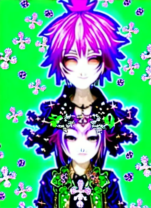 Image similar to baroque bedazzled gothic royalty frames surrounding a hologram of decora styled green haired yotsuba koiwai wearing a gothic spiked jacket, background full of lucky clovers, crosses, and shinning stars, holography, irridescent