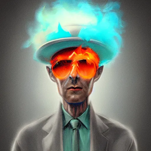 Prompt: Oppenheimer with hat made of colorful smoke, hazy, atmospheric, inspiring digital art, award winning, artstation,
