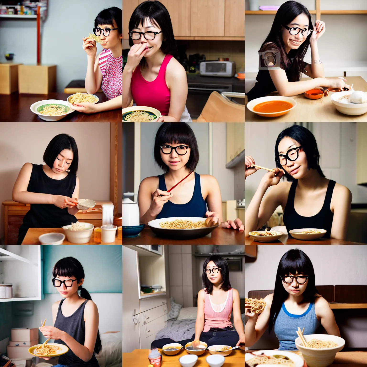 Prompt: beautiful japanese young woman with large round glasses, wearing a tanktop, eating ramen in her messy apartment, flash photography