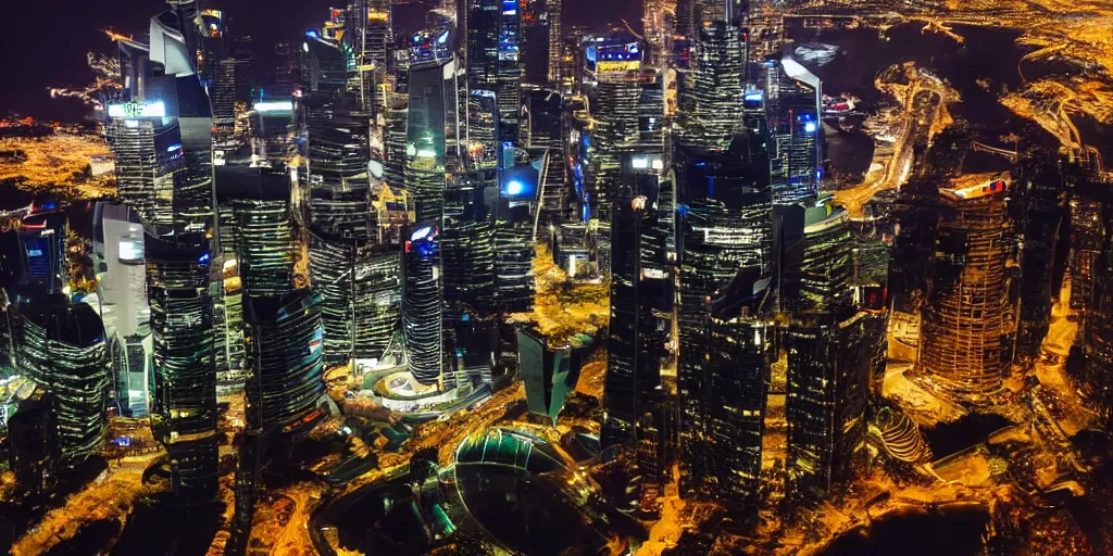 Image similar to futuristic singapour view at night from a plane, cinematic