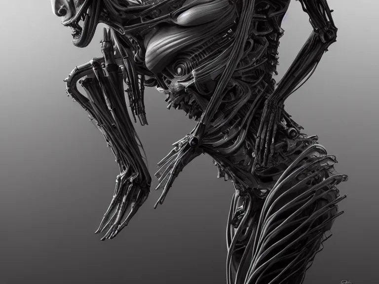 Prompt: a biomechanical woman on the verge of death, by h. r. giger, 8 k, digital painting, stylized, dark gray color scheme, dynamic lighting, octane, trending on artstation