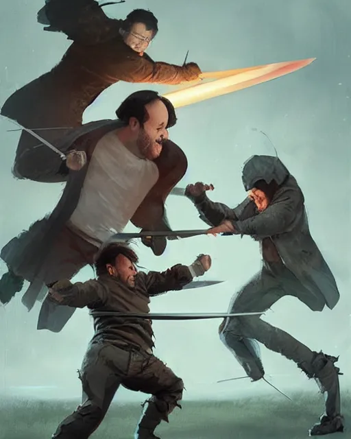 Image similar to “ george costanza and danny devito having a swordfight, very epic, digital art, greg rutkowski ”