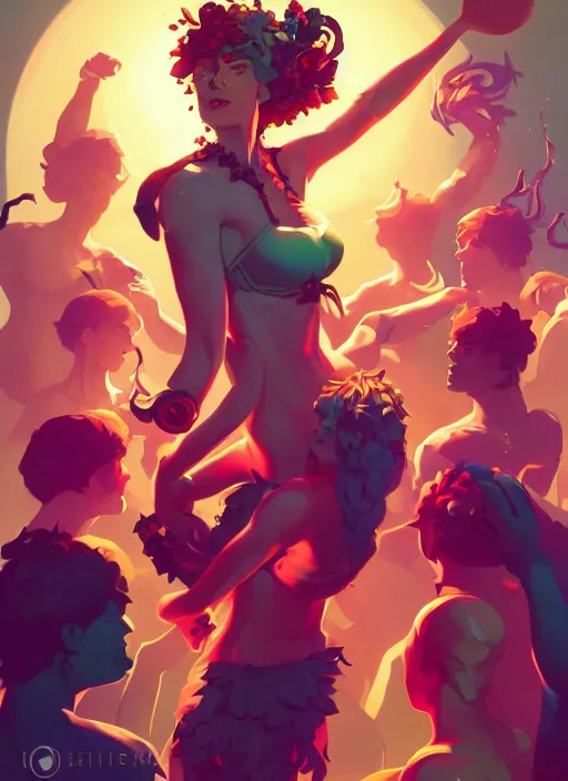 Prompt: Dionysus holding a party, in the Style of Artgerm and Charlie Bowater and Atey Ghailan and Mike Mignola, vibrant colors and hard shadows and strong rim light, Comic Cover Art, plain background, trending on artstation