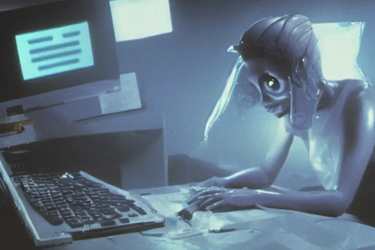 Prompt: alien using a computer to check her email submerged in translucent goo, over the shoulder perspective, in 1 9 8 5, y 2 k cybercore, industrial low - light photography, still from a kiyoshi kurosawa movie